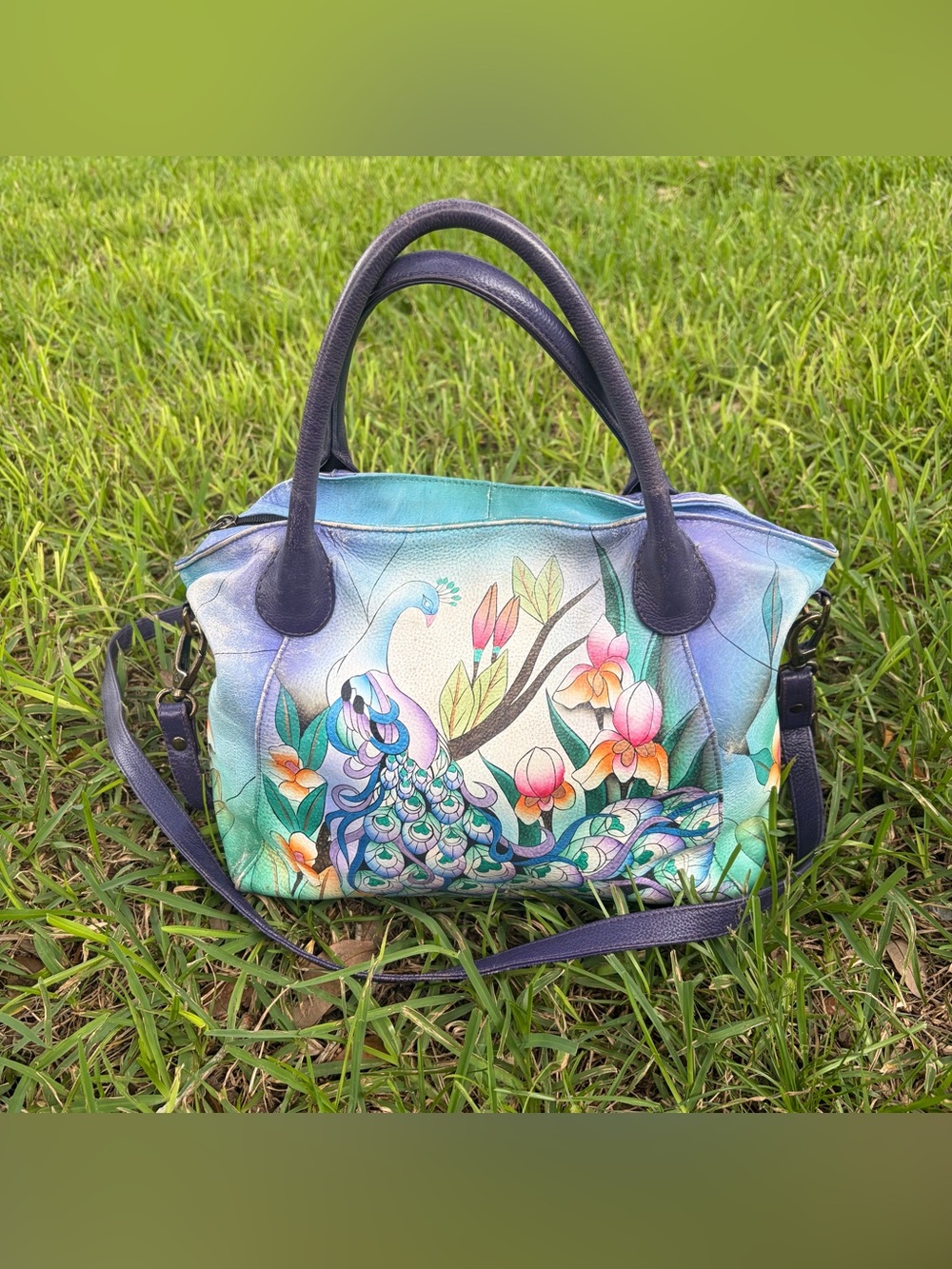 Anuschka Hand-Painted Peacock Satchel - Teal & Purple